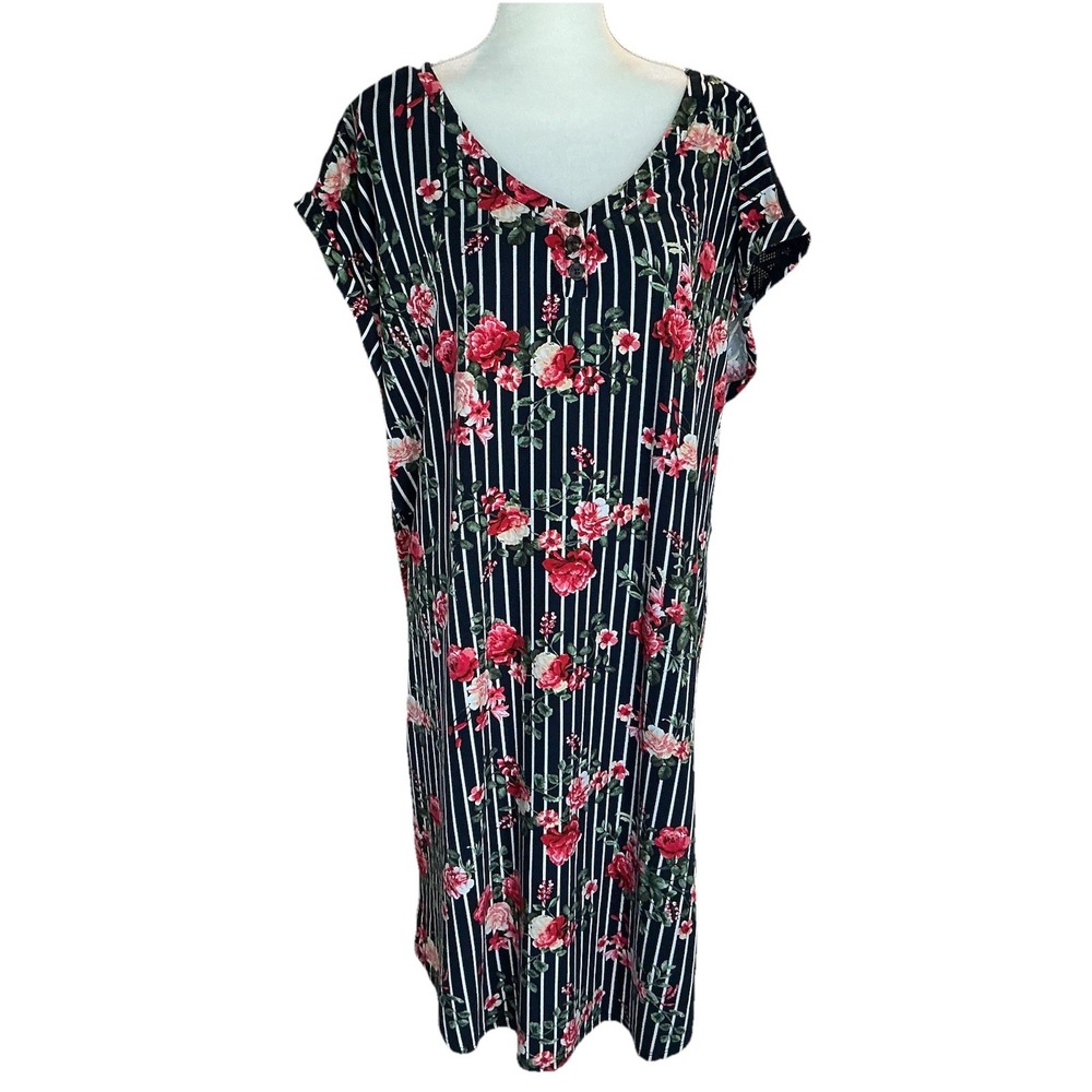 Bobbie Brooks Black Floral Mesh Striped Short Sleeve Dress Maxi‎ Women's 3X